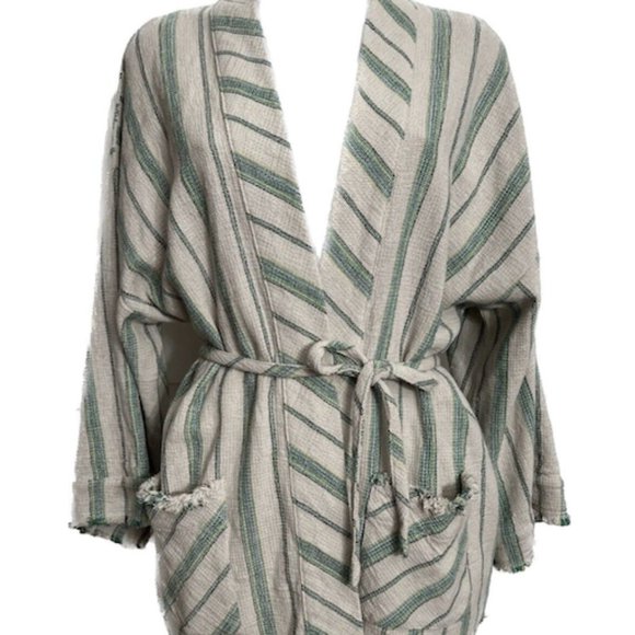 Zara Woman Cotton The Beth Rustic Kimono Jacket Striped Pockets Tie Belt Size S - Picture 8 of 16